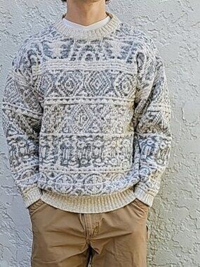 Lord Jeff Vintage Sandstone Collection Chunky Cotton Jute Aztec Print Sweater M